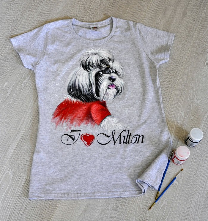 Handsome Milton, hand painted - My, T-shirt, Painting on fabric, Textile, Dog, Cloth, Style, Fashion, Longpost