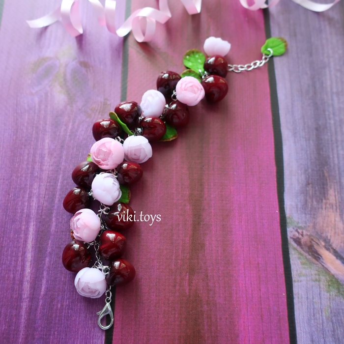 Floral and cherry - My, Needlework without process, Polymer clay, Flowers, Presents, With your own hands, Handmade, Decoration, A bracelet, Longpost