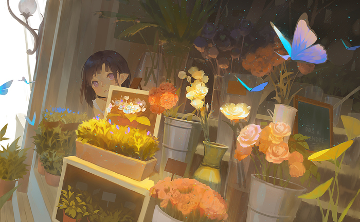 Anime Art - Anime original, Anime art, Anime, Art, Chan, Butterfly, Flowers