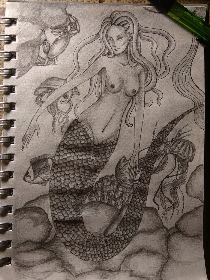 the little Mermaid - NSFW, My, Mermaid, Pencil drawing, Crooked hands