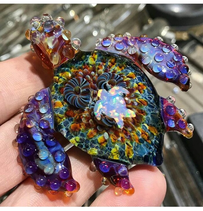 Handmade from opal and glass - Turtle, Opal, Handmade, Minerals, Creation, Interesting, beauty, Needlework