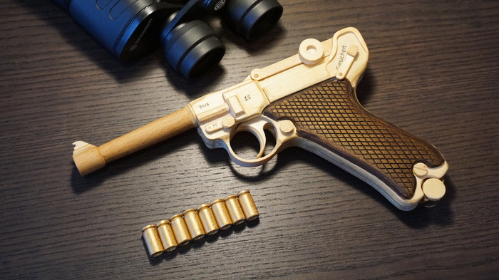 Luger Parabellum R.08 made of wood - My, Parabellum, Luger, Wood products, Hobby, Needlework without process, Rubber band, Video, Longpost