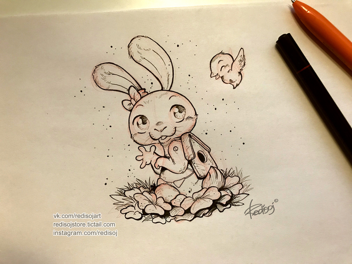 Bunny with a house + drawing process - My, Redisoj, Images, Drawing, Drawing process, Sketch, Fan art, Animals, Video