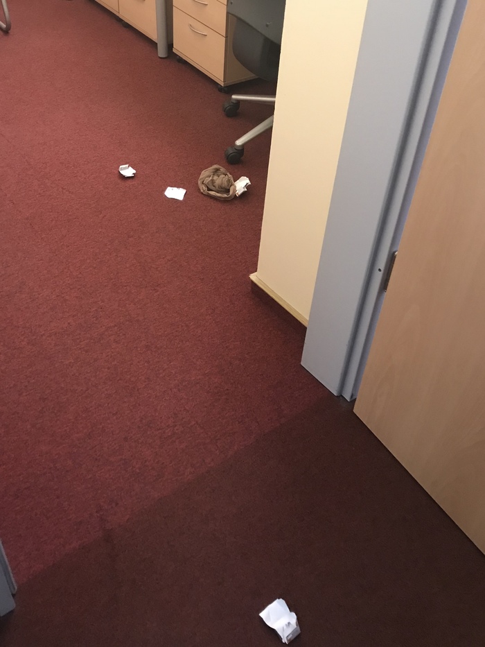 I went into the office, and here is the crime scene. Ps Pantyhose and chocolate wrappers - The crime, Office, Office plankton