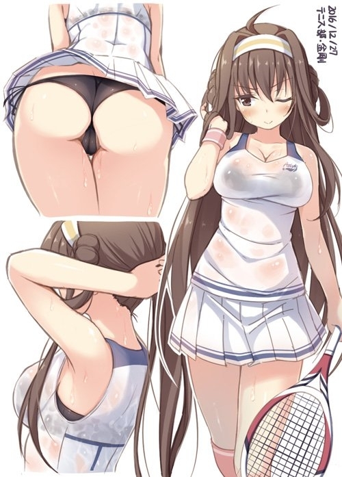 Kongou & Haruna - NSFW, Kantai collection, Kongou, Haruna, Tennis, Etty, Anime art, Anime