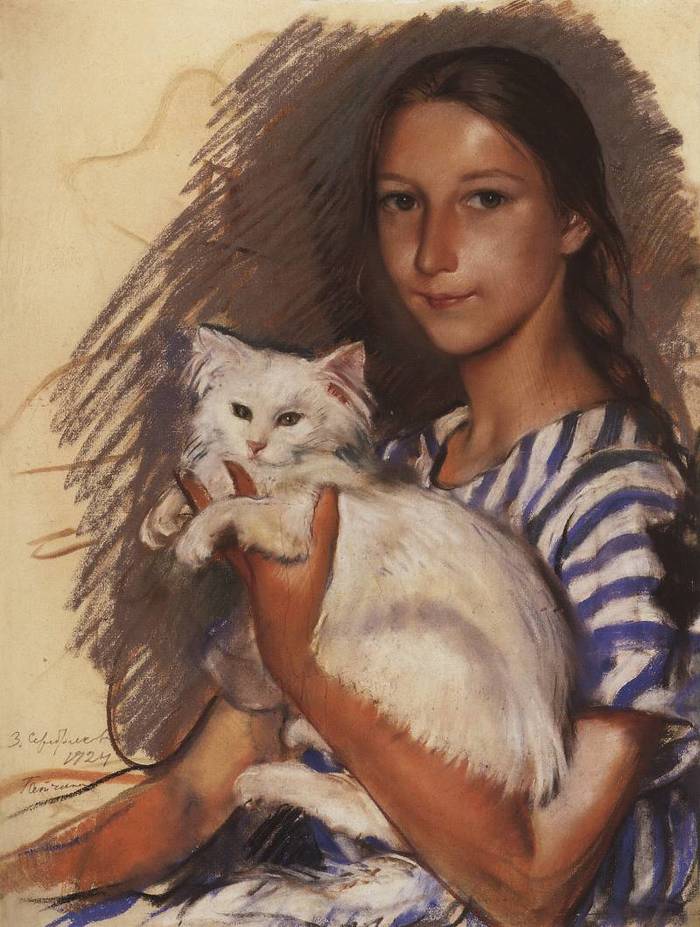 Portrait of Natasha Lansere with a cat - Girl, cat, Painting