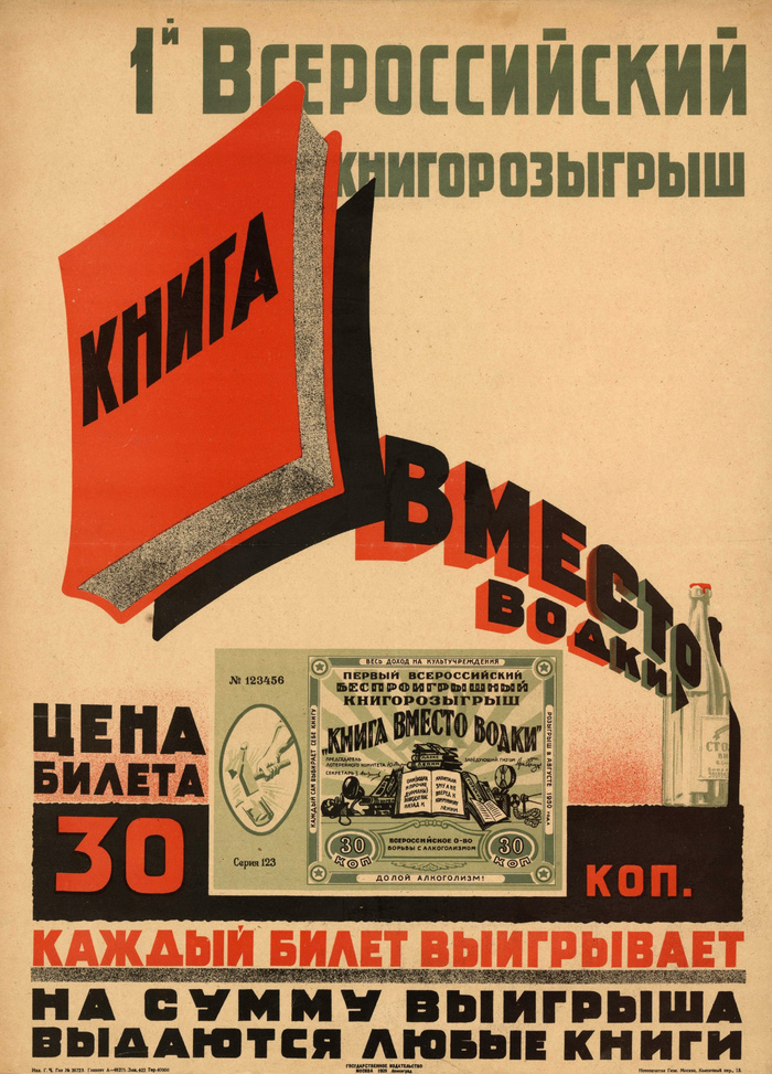 «1-й Всероссийский книгорозыгрыш „Книга вместо водки“». СССР, 1929 - Советские плакаты, Книги, Водка, Лотерея, Реклама, Чтение, Борьба с безграмотностью