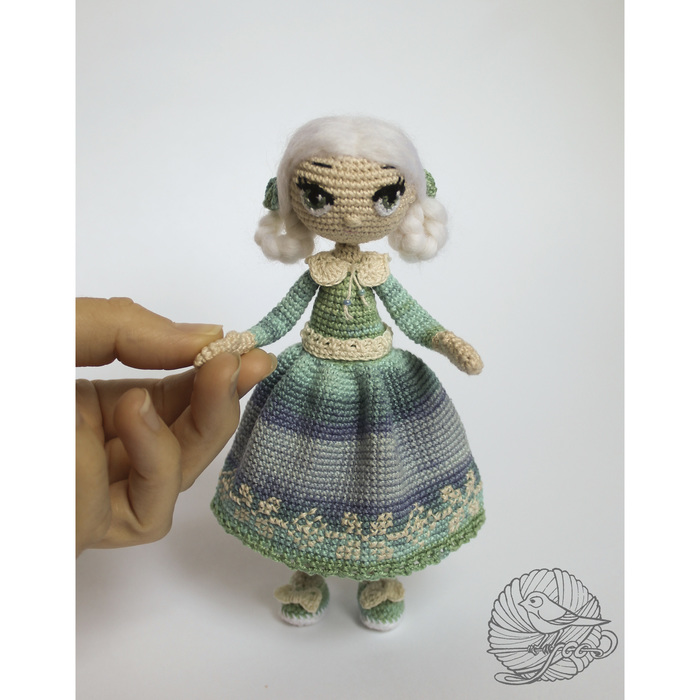 Doll in blue and green dress. - My, Needlework without process, Needlework, Doll, Crochet, , Longpost
