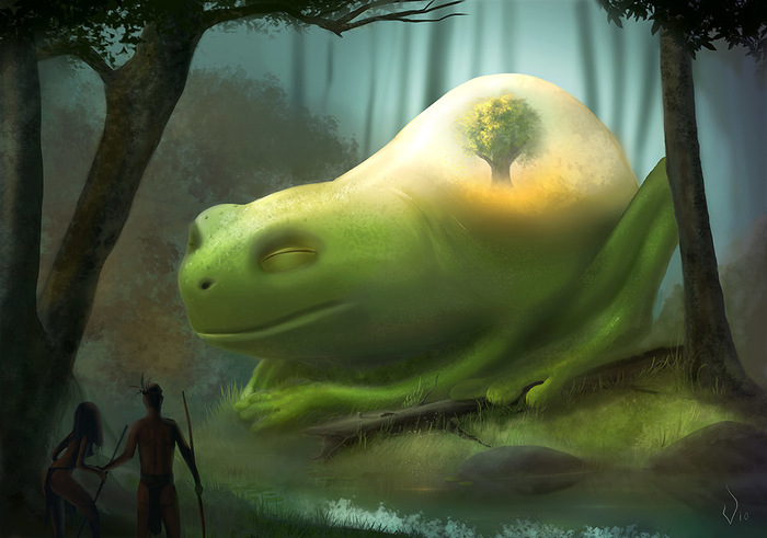 Great Forest Guardian - My, Forest, Frogs, The keepers, Fantasy, Vio, Drawing, Digital drawing, Photoshop