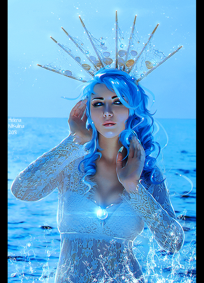 Tethys. - My, Art, Elena Nikulina, Ocean, Water, Blue hair, Beautiful girl, Mythology