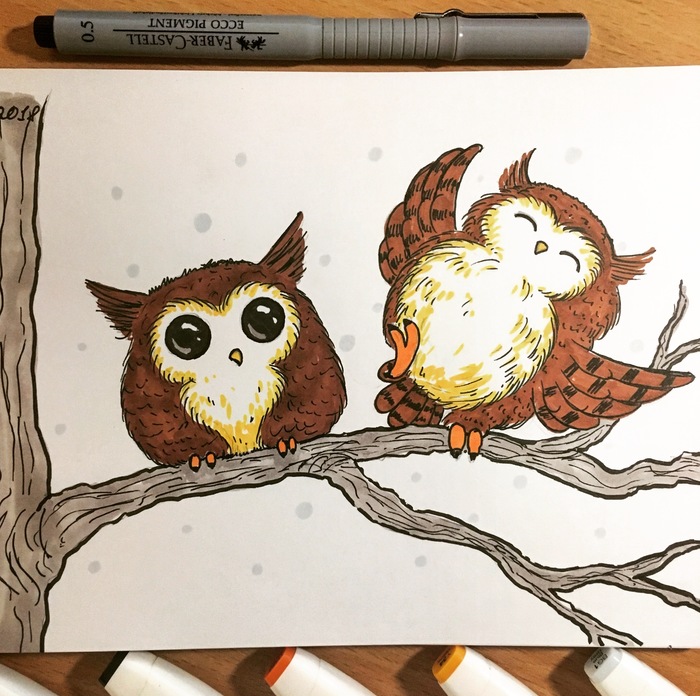 Owls - My, Mionart, Drawing, Owl, Illustrations, Art, Milota, Fun, Funny