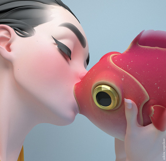 Goldfish and first wish. - Gold fish, Girls, Kiss, Three wishes, Art, Digital 3D, 3D