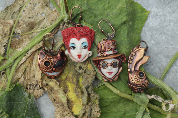Earrings Alice in Wonderland. 4 earrings, you can arrange them as you like) - My, Alice in Wonderland, Mad Hatter, Rabbit, Cheshire, Steampunk, Earrings, Polymer clay