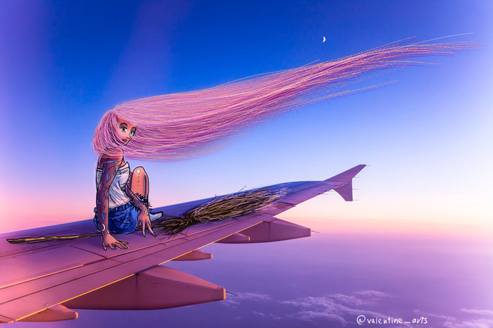 Something you definitely don't expect to see in flight =) - My, Witches, Art, Flight, Airplane, Drawing, Valentina Leontyeva, Anime art