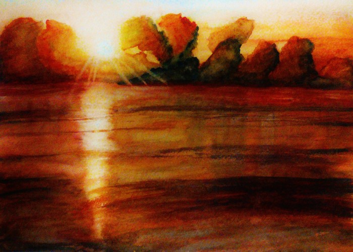 Sunset. - My, Watercolor, Drawing, Sunset, Nature, Sea, The sun