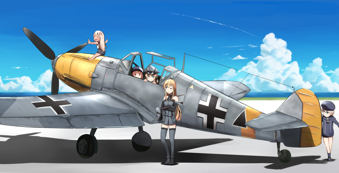 Messerschmitt Bf.109 (художник: Ido (Teketeke)) - Kantai Collection, Аниме, Anime Art, Bismarck, Prinz Eugen, Ro-500, Z1 leberecht maass