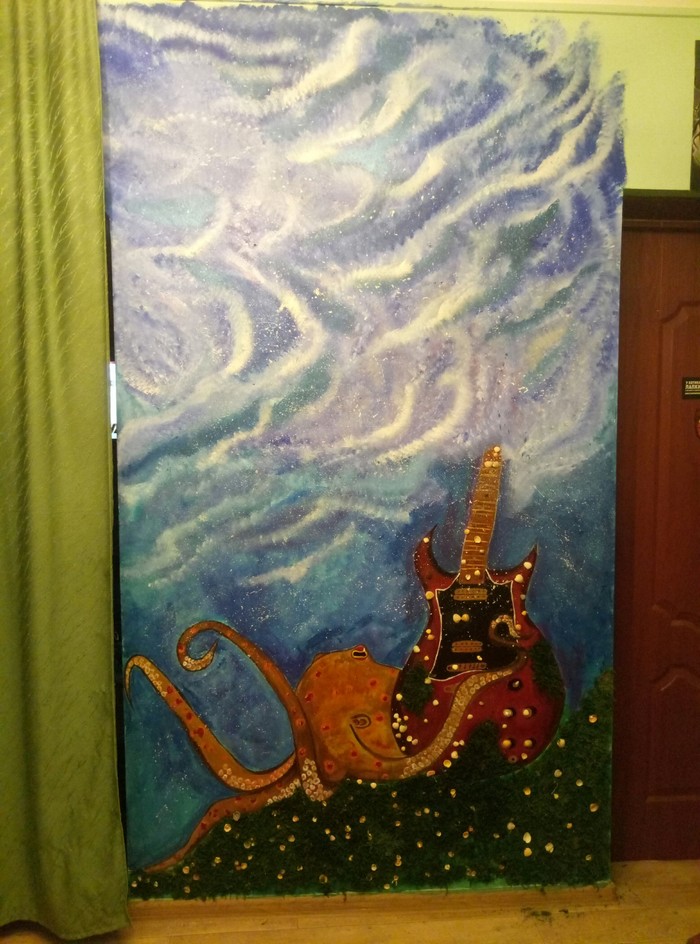 Interior decoration or how I glued moss on the wall) - My, Art, Crooked hands, Octopus, Guitar, Sea, Longpost