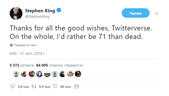 Стивену Кингу - 71 год Стивен Кинг, Twitter, День рождения