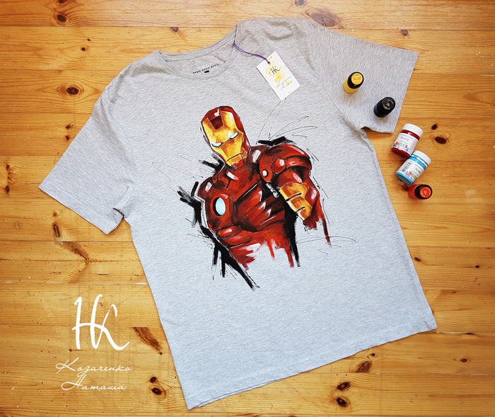 hand painted iron man - My, Art, iron Man, Painting on fabric, Iron man, Handmade, T-shirt, Painting, Acrylic