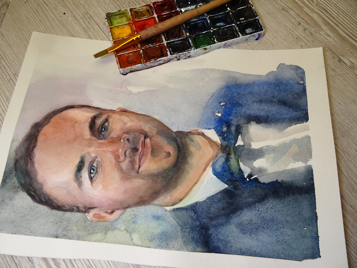 A friend asked me to draw him for a long time. Hope you like it. - My, Watercolor, Portrait by photo, Drawing, , , Portrait