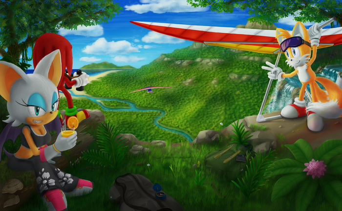 My hang glider - My, Sonic the hedgehog, Fan art, Hang glider, Miles Tails Prower, Rouge the bat, Knuckles the Echidna