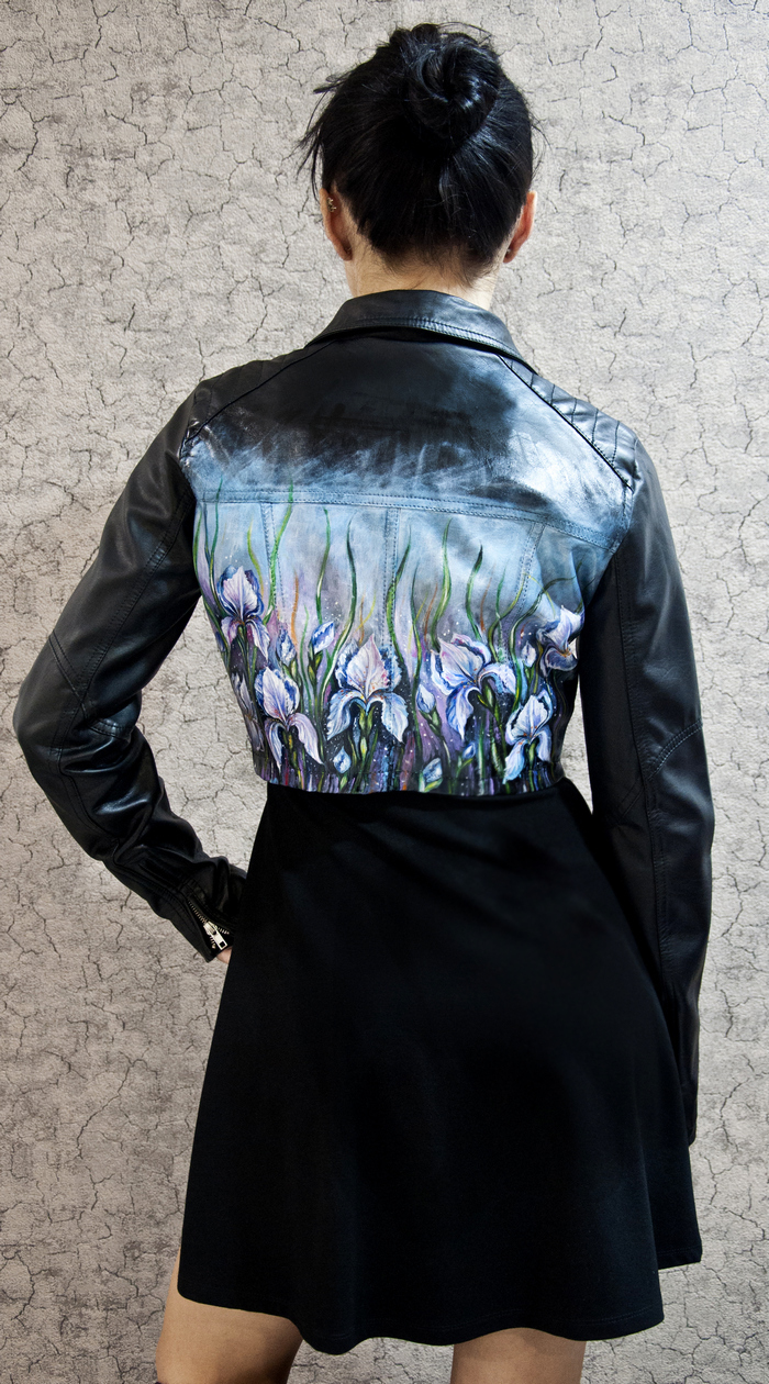 My updated jacket. - My, Jacket, Kosukha, Painting, Leather, Painting on fabric, Drawing, Irises, Flowers, Longpost