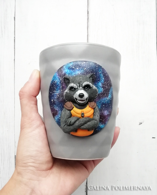 Guardians of the Galaxy sequel - My, Raccoon, Guardians of the Galaxy, Polymer clay, Handmade, Needlework without process, Лепка, Handmade, Longpost, Mug with decor
