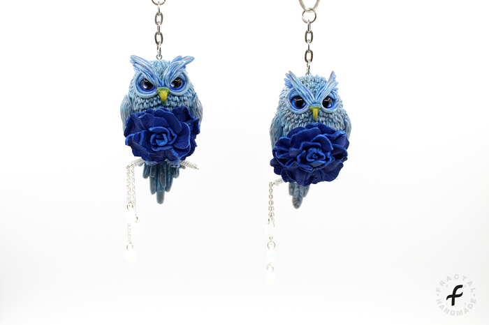blue couple - Handmade, Longpost, Needlework without process, Leather, Polymer clay, Owl, My