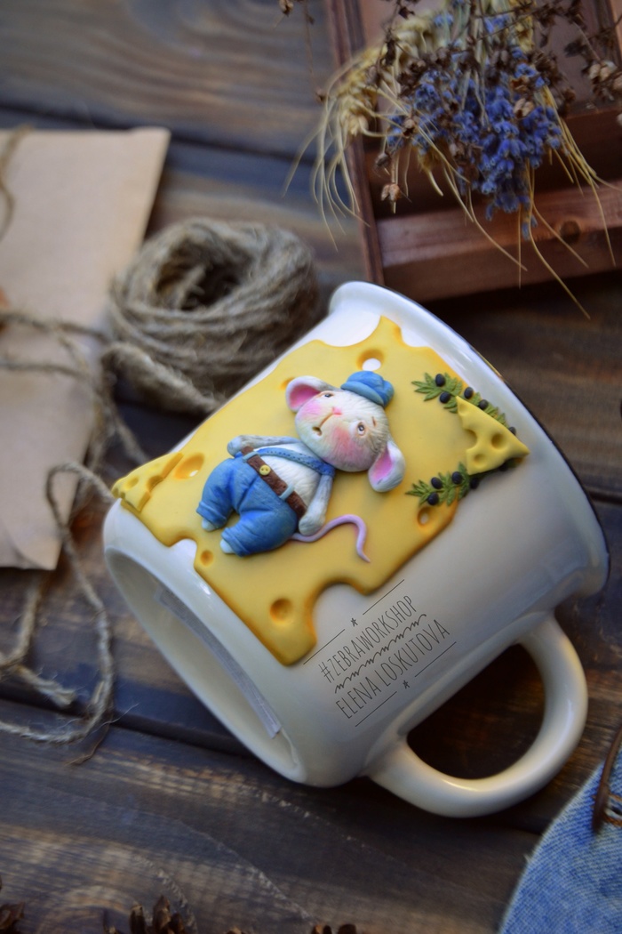 Mr. Cheese - My, Mouse, , Polymer clay, Лепка, Mug with decor, Retro, Cheese, Presents, Longpost