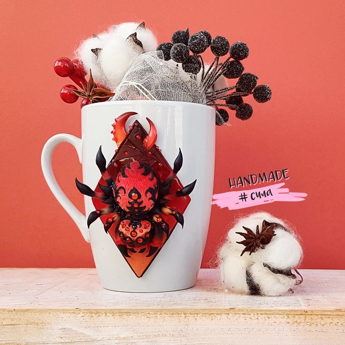 Cute polymer clay spider)) - My, Needlework without process, Polymer clay, Mug with decor, Handmade, Spider