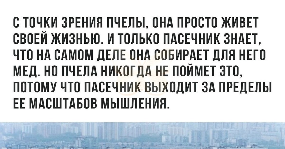 С точки зрения банальной эрудиции парадоксальных. С точки зрения пчелы. С точки зрения пчелы она живет. С точки зрения пчелы она просто живет своей жизнью. Только Пасечник знает.