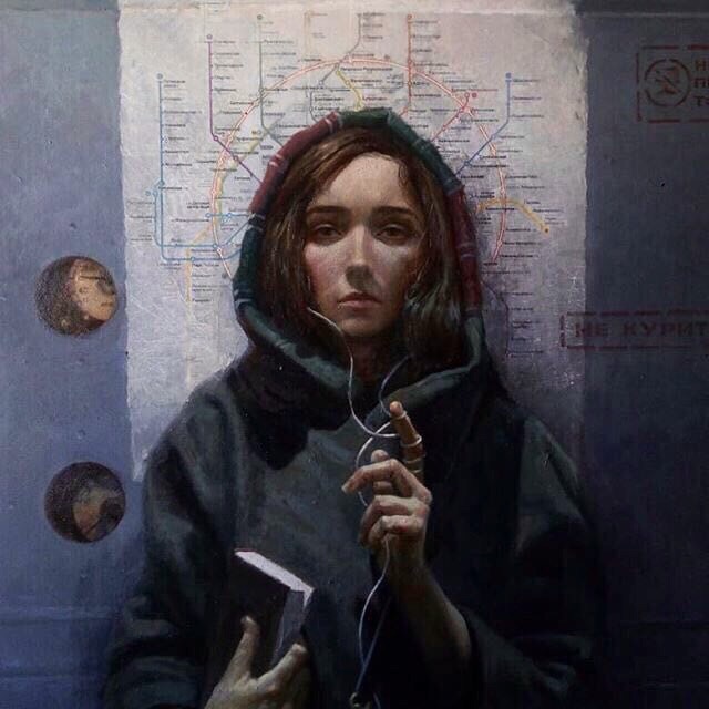Moscow prayer - Painting, Andrey Shatilov, Moscow, Girls, Metro, Subway map
