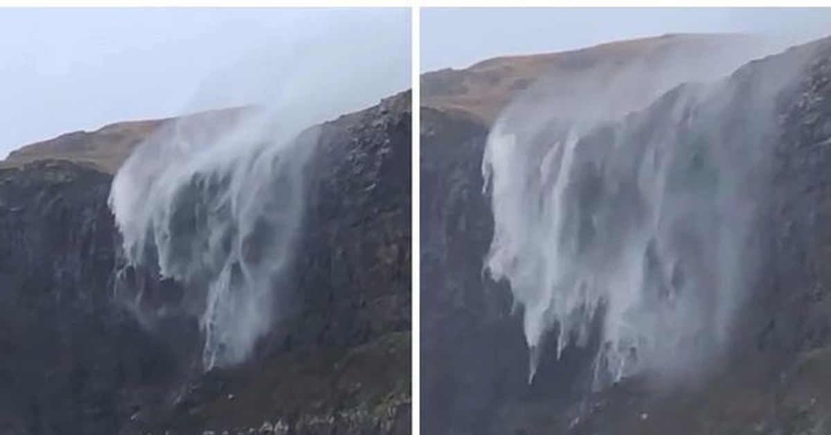 Верх видео. Водопад Вайпугия. Водопад снизу вверх. Обратный водопад в Англии. Водопад kinder Downfall.