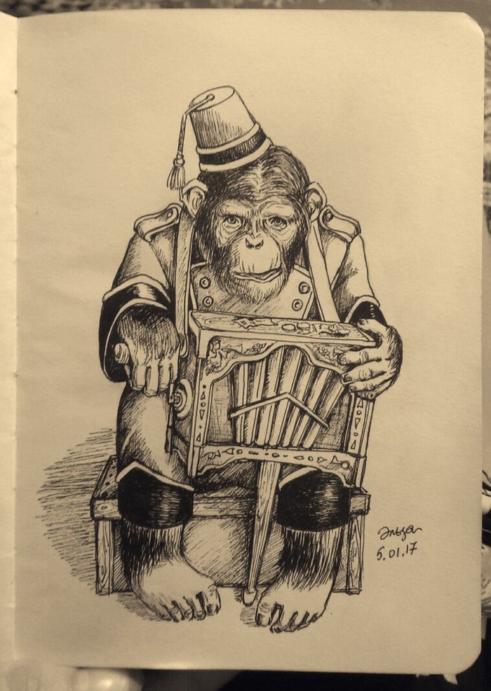 Organ grinder - My, Barrel organ, Organ grinder, Drawing, Sketchbook, Monkey