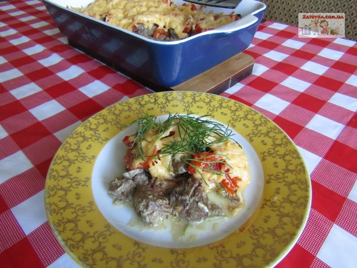 Куриная печень с помидорами и сыром