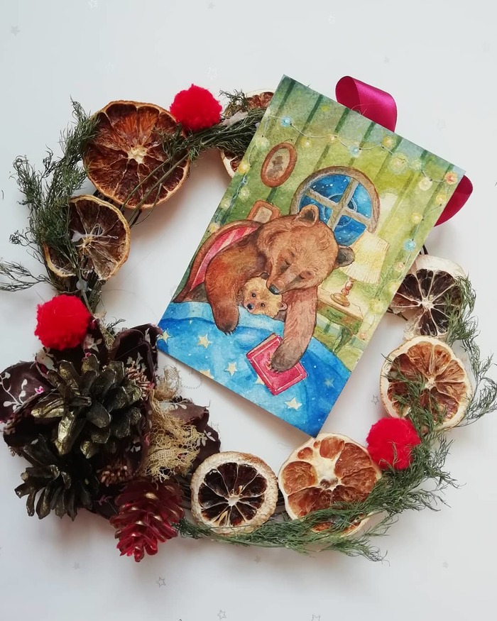 Christmas mood - My, New Year, The Bears, Drawing, Watercolor, Heat, Postcard, Milota