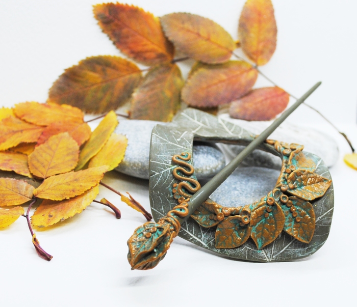 Hairpin - brooch Breath of autumn - My, Longpost, Barrette, Polymer clay, Autumn