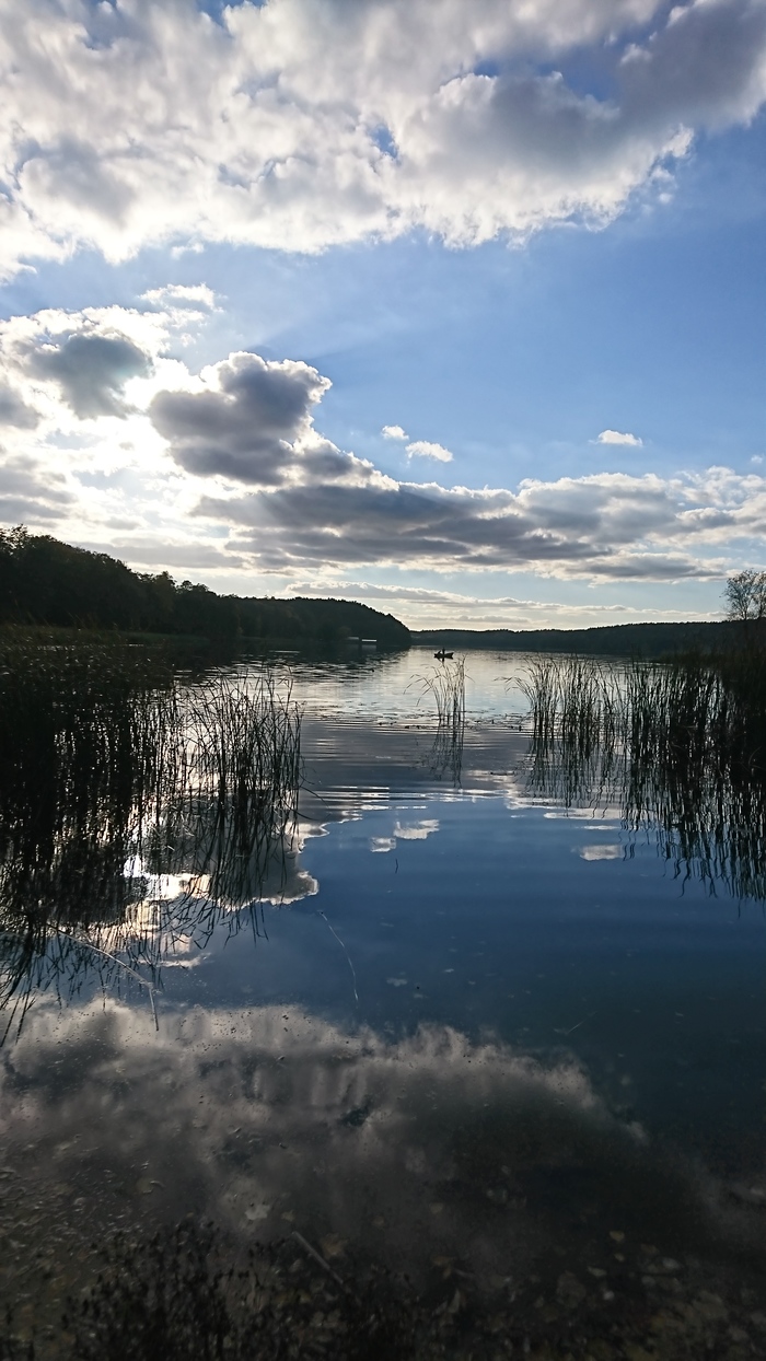 lonely boat - My, Lake, A boat, Reflection, Clouds