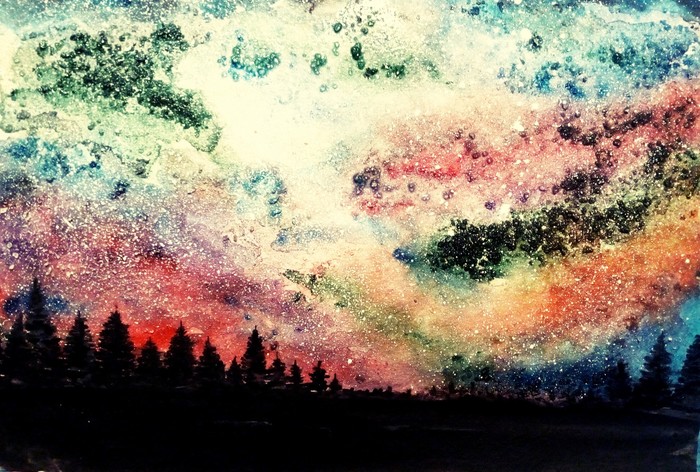Sky - My, Sky, Space, Christmas trees, Watercolor