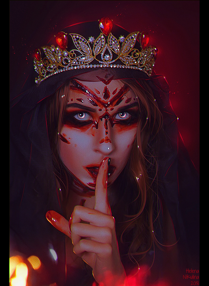 Bloody Ritual. - My, Art, Elena Nikulina, Beautiful girl, Ritual, Blood, Dark fantasy, Portrait, Crown