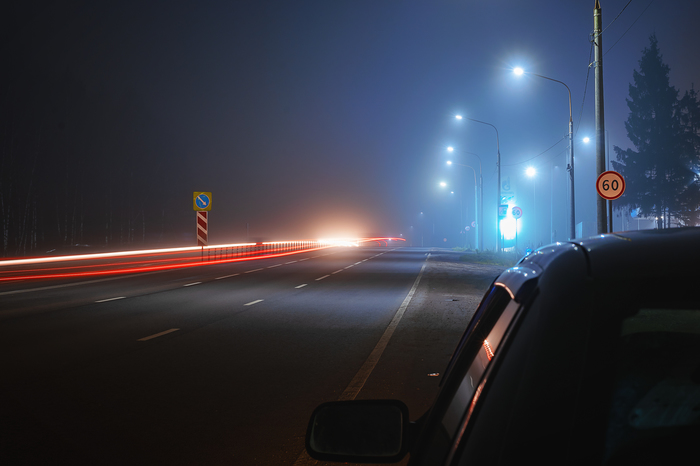Silence of the night... - My, Fog, Night, Lantern Light, Tutaev, Nikon d5300, Silence, Longpost, Road