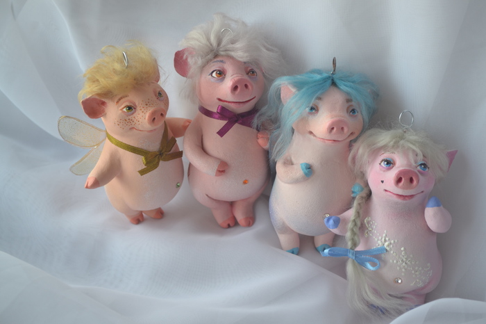 marshmallow piglets - My, Needlework without process, Author's toy, Polymer clay, Piglets, New Year, Christmas decorations, Longpost