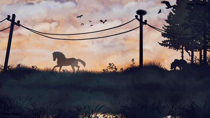 2d-art in photoshop - Fog, Horses, Pond, The Bears, dawn, Photoshop, 2D drawing, My
