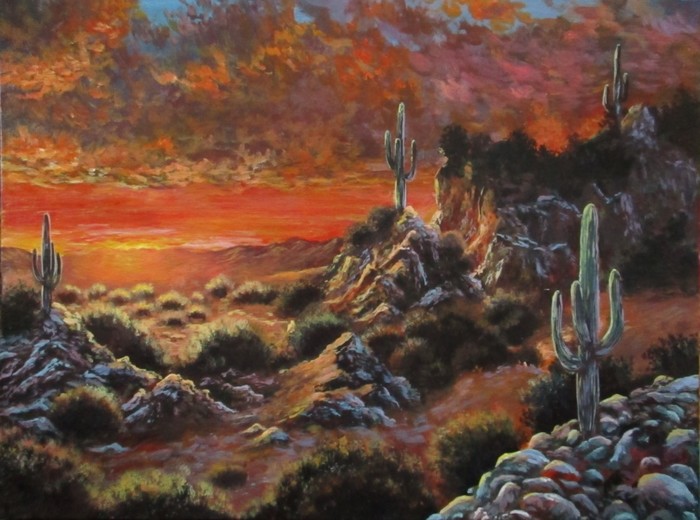 sunset in the desert - My, Painting, Acrylic, Painting, Cactus, Desert, Sunset