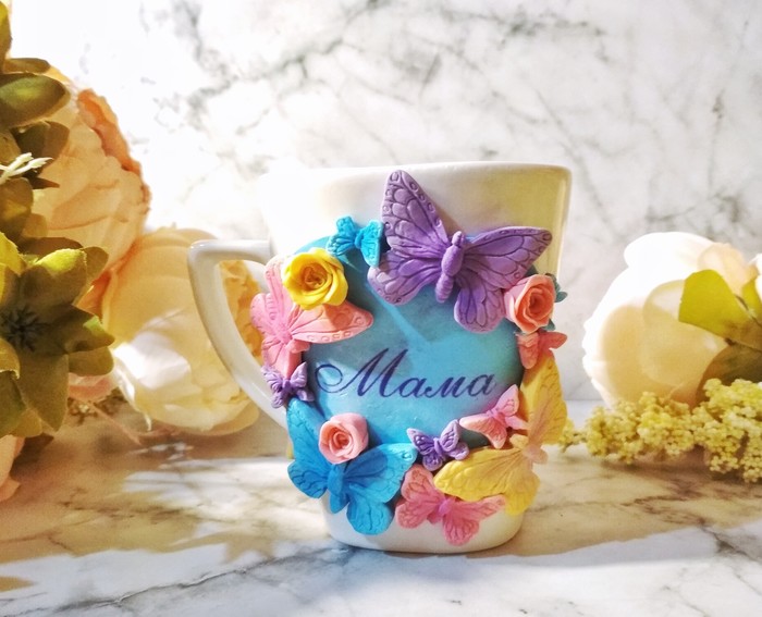 Mug for Mom - My, Decor, Mug with decor, Лепка, Polymer clay, A cup