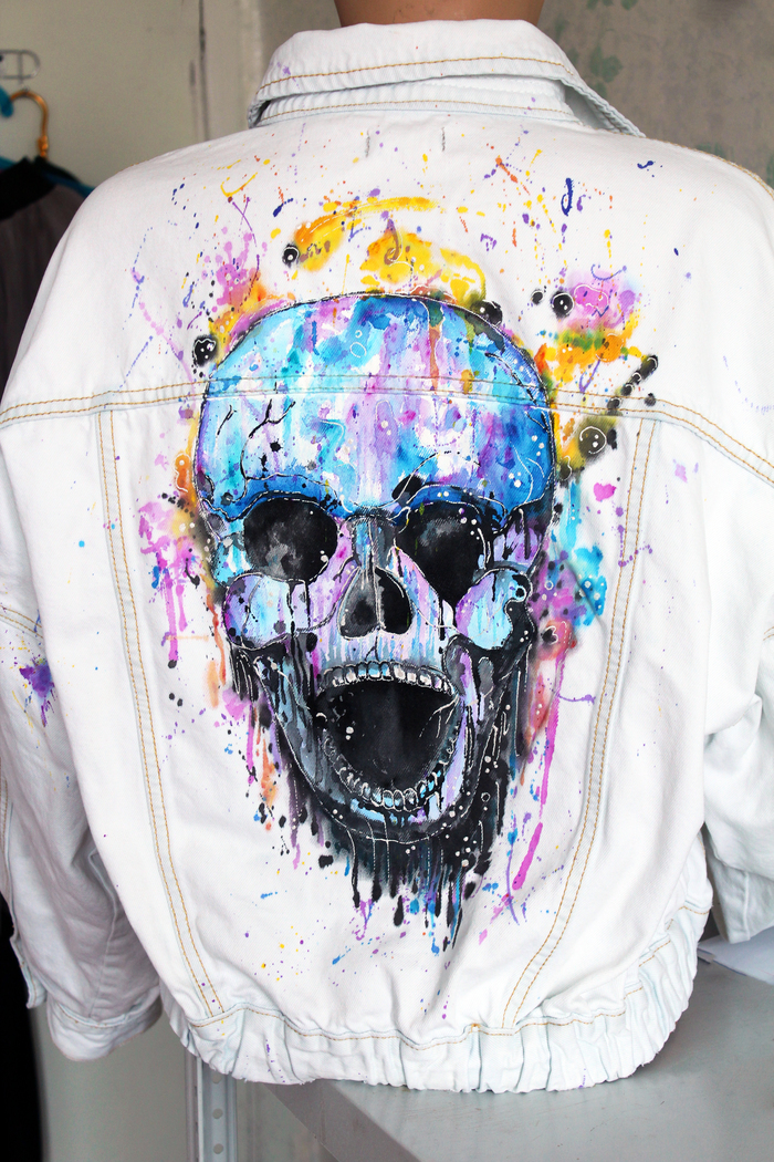 Hand-painted watercolor skull denim - My, Denim, , Painting, , , Painting on fabric, Scull, Watercolor