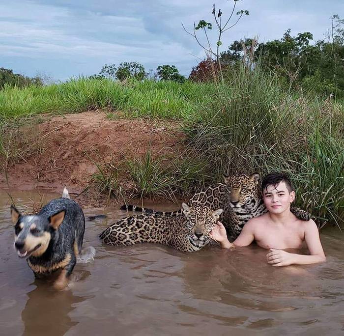 With friends - Boy, Dog, Bathing, Jaguar, Bathing