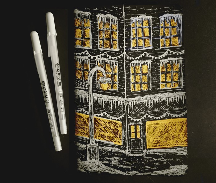 Winter night - Building, Icicles, Winter, Lamp, Pen drawing, Black paper, Pen, Drawing, My