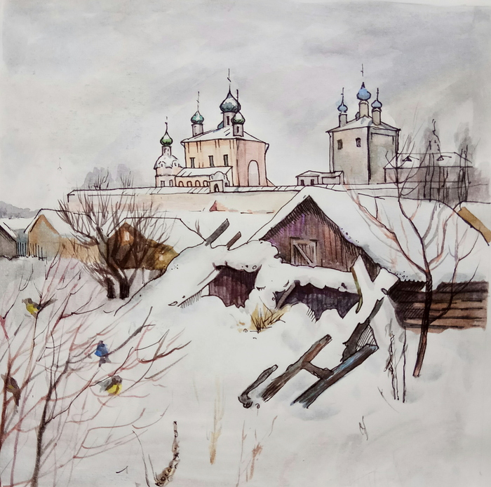 Pereslavl-Zalessky in winter. Drawn on plain paper with watercolors and a black pen, size 25*25 cm. - My, Drawing, Landscape, Watercolor, Winter, Snow, Pereslavl-Zalessky