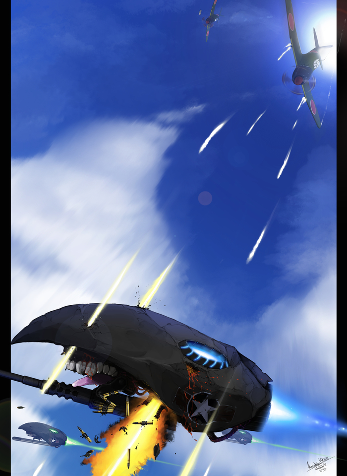 Mitsubishi A7M Reppuu vs depth fighters - Kantai collection, Anime, Anime art, Mitsubishi, , Abyssal, Aviation